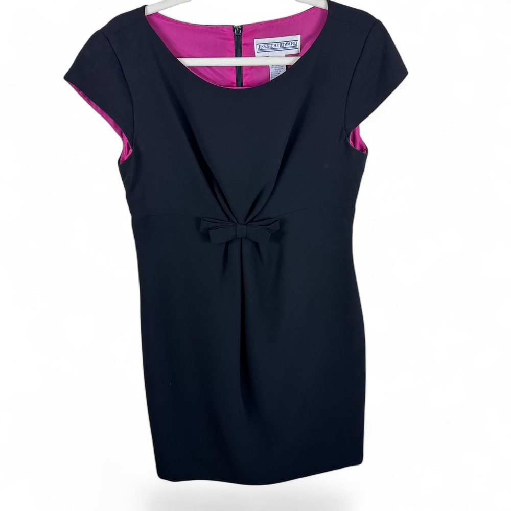 Jessica Howard Black Vtg Sheath Dress Hot Pink Lining Bow Accent Cap Sleeve 12